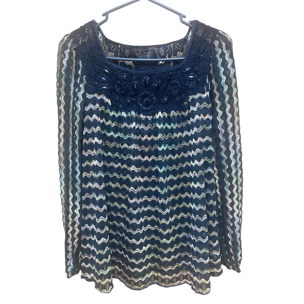 Free People New Romantics Boho Sheer Blouse Black Crochet Neckline Small Beaded